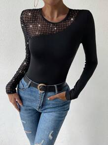 Calvaya Women's Mesh Panel Round Neck Top Fall Cloth For Women - Black - View 6