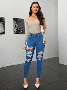 SHEIN Essnce Của phụ nữ Gầy Quần jean rách Với Nghiêng Túi - Rửa nhẹ - Xem 1