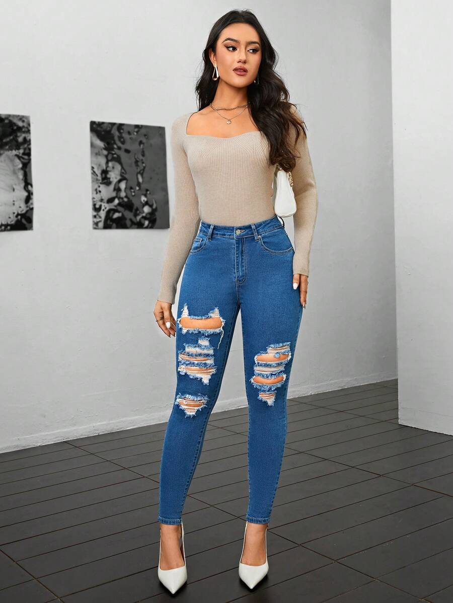 SHEIN Essnce Của phụ nữ Gầy Quần jean rách Với Nghiêng Túi - Rửa nhẹ - Xem 1