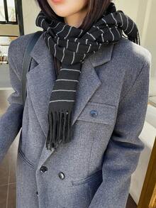 DAZY Striped Fringe Hem Scarf - Black - View 4