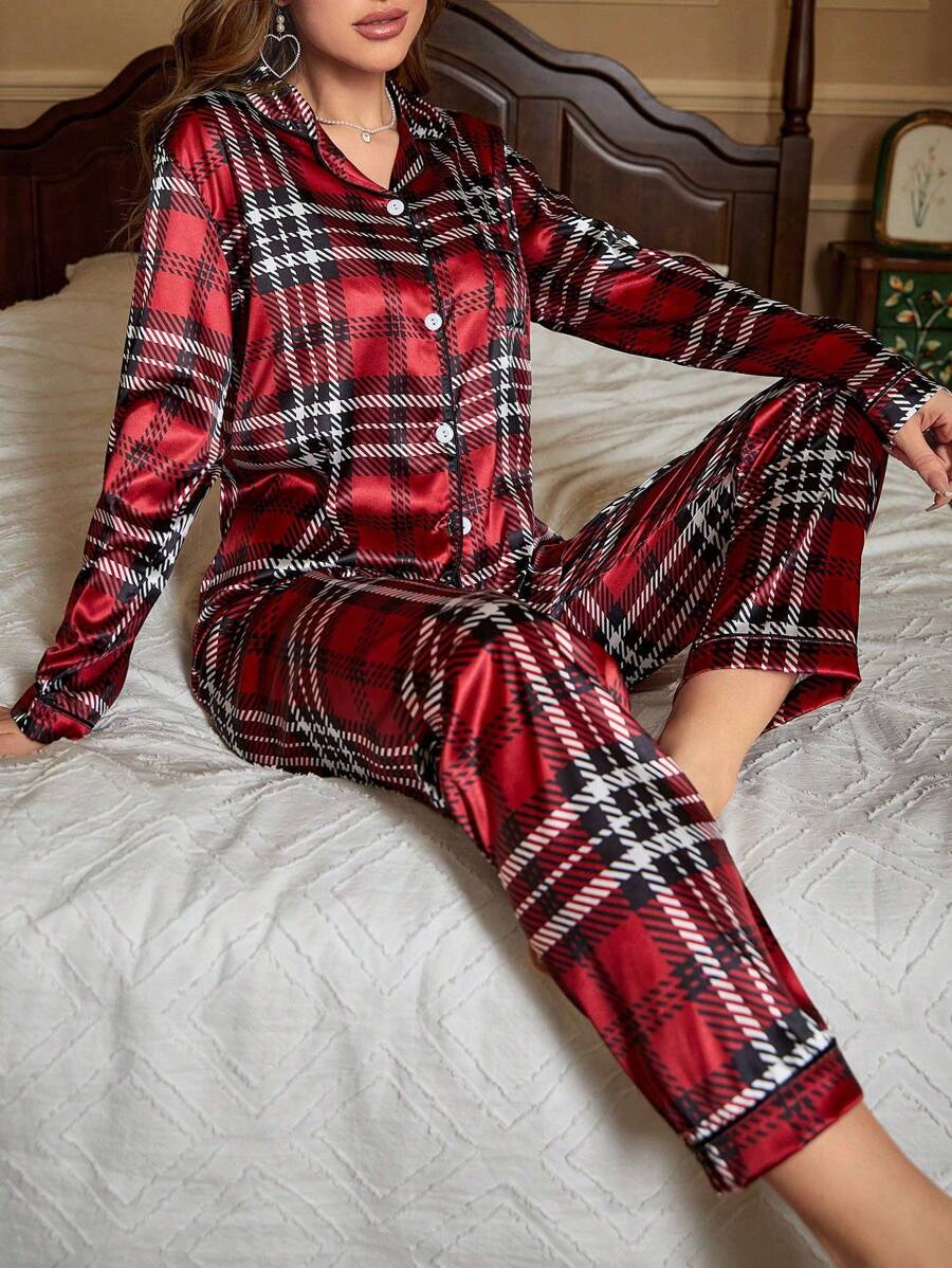 Plaid Print Satin PJ Set / Pajama Set - Red - View 1
