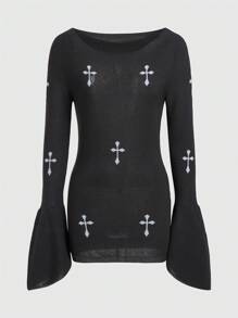 ROMWE PUNK Women's Sweater With Cross Pattern And Flare Sleeves - Olive Green - View 1