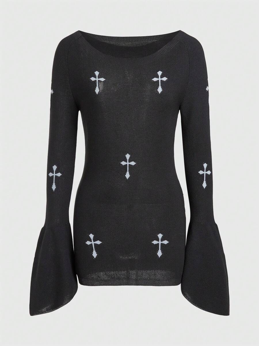 ROMWE PUNK Women's Sweater With Cross Pattern And Flare Sleeves - Olive Green - View 1