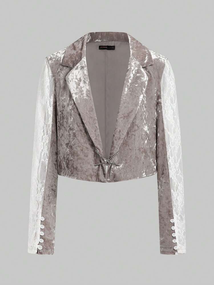 Women'S Velvet Jacket With Rhinestone Decorated Tie