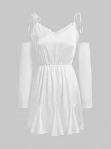 ROMWE PUNK 肩部繫帶蕾絲飾邊吊帶連身裙(有臂袖,無腰帶) - 白色 - 查看 1