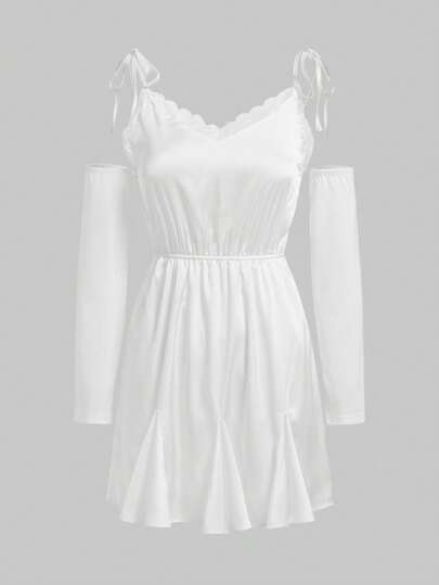 Tie Shoulder Lace Trim Cami Dress With Arm Sleeve Without Belt