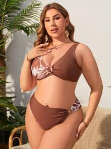 SHEIN Swim Curve 大尺碼女士熱帶印花比基尼套裝,附圓形細節 - 彩色 - 查看 3