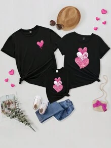 SHEIN Young Girls' Pink Heart Pattern Short Sleeve T-Shirt With Round Neckline - Black - View 3