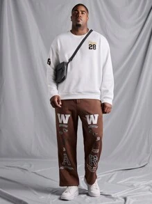 Manfinity Homme Men's Plus Size Letter Printed Drop Shoulder Sweatshirt - White - View 6