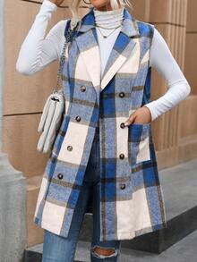 SHEIN LUNE 女款無袖格紋印花夾克 - 藍色 - 查看 3