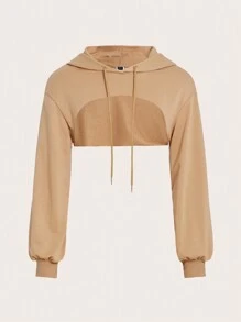 SHEIN EZwear 女裝帶擺兜帽超短毛衣 - 卡其色 - 查看 1