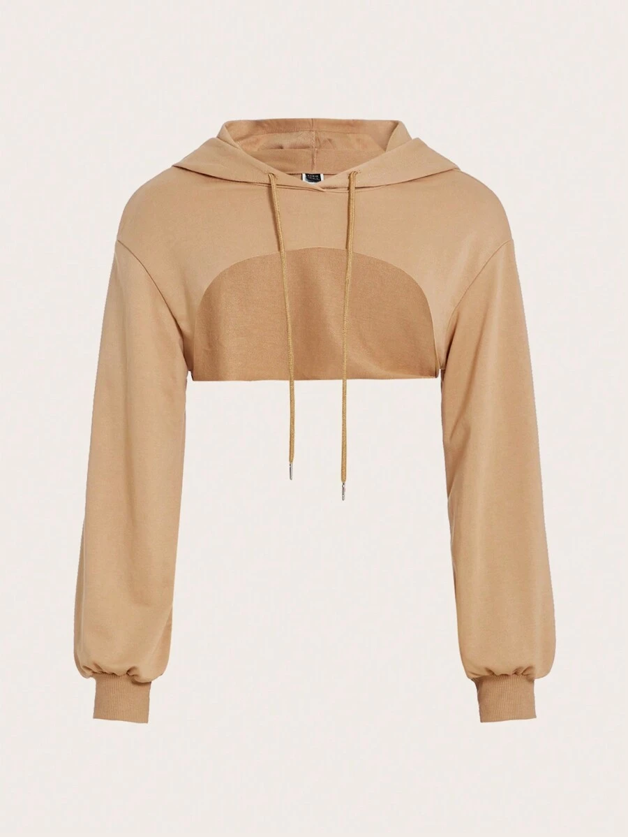 SHEIN EZwear 女裝帶擺兜帽超短毛衣 - 卡其色 - 查看 1