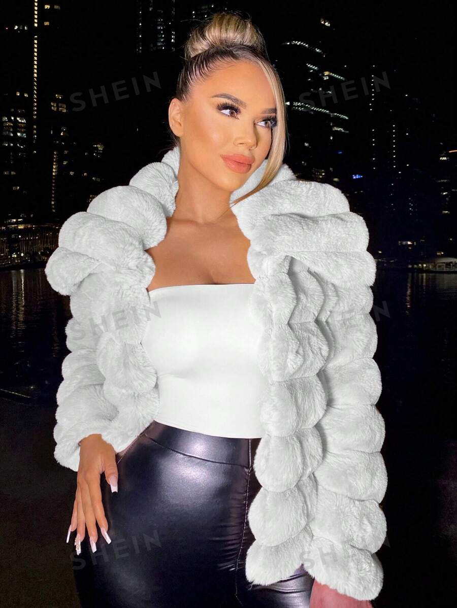 SHEIN SXY Offene Jacke mit Fellimitat für Herbst/Winter - Weiss - Übersicht 1