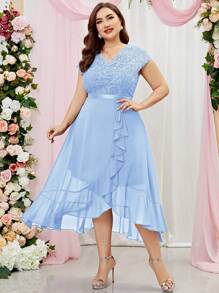MIUSOL Plus Floral Lace Bodice Chiffon Ruffle Trim Evening Party Long Dress - Baby Blue - View 6
