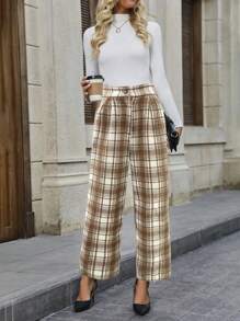 SHEIN LUNE Women's Plaid Printed Wide Leg Pants With Slanted Pockets Fall Cloth For Women - Khaki - View 3
