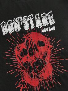 ROMWE MEN Goth Men's Short Sleeve T-shirt With Skull & Letter Printing - Black - View 3