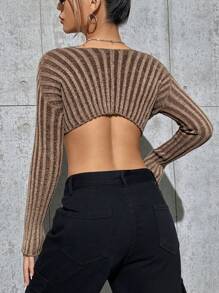 SHEIN Unity Women's Striped Ring Cardigan Fall Cloth For Women - Coffee Brown - View 2