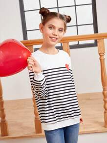 女童針織愛心印花和條紋圓領寬鬆休閒t恤 - 彩色 - 查看 5