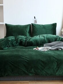 3pcs Dark Green, Velvet Crystal Velvet, Autumn And Winter, Warm, Flannel, Double-Sided Solid Color, Dormitory Bedding Set, Ladies, Including 1 Down Quilt Cover And 2 Pillowcases, Super Soft, Machine Washable, No Filler,Twin Full Queen King - Dark Green - View 6