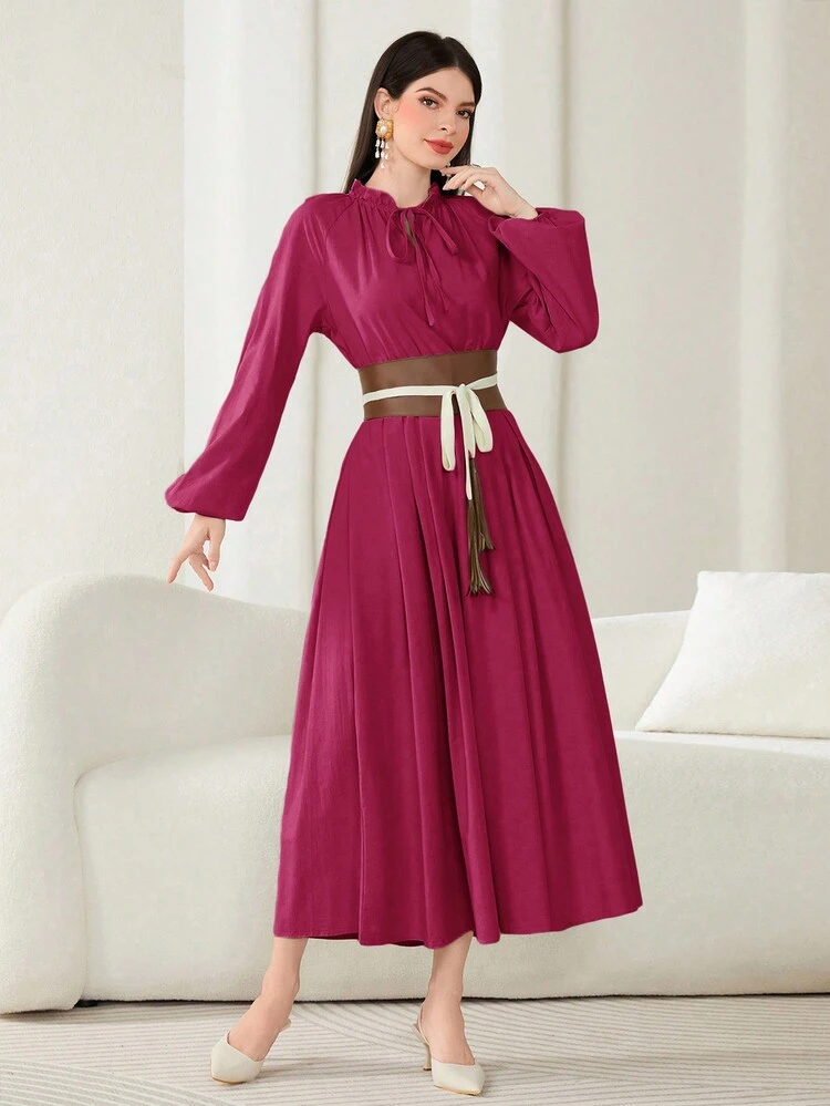 Elegant Belted Lantern Sleeve Dress Fall Cloth For Women