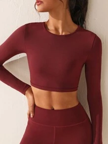 Core Rhythm Solid Color Short Cropped Sports T-shirt With Hollow Out Back - Purple - View 2
