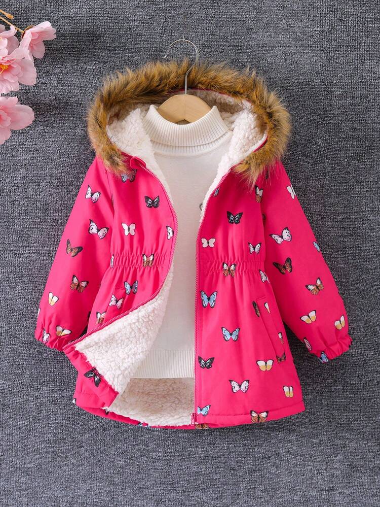 SHEIN Abrigo Acolchado Con Capucha Y Cuello De Polar Con Estampado De Mariposas Para Niña - Rosa Fucsia - Añade 1