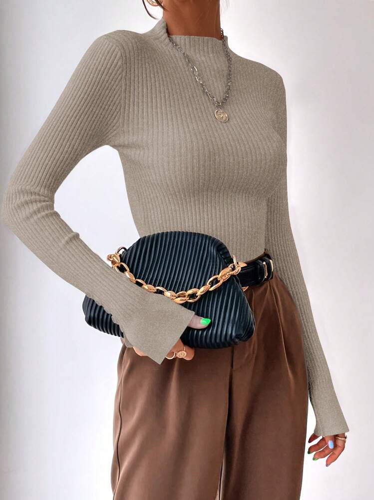 BizChic Mock Neck Ribbed Knit Split Cuff Sweater,Long Sleeve Tops In Fall/Winter - Camel - View 4