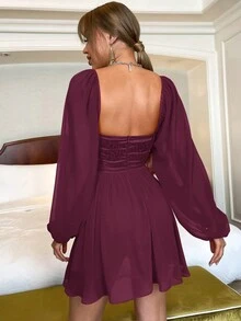 D&M Dệt hoa Vá lại Chiffon Lỏng lẻo Hem Tay áo dài Đầm tiệc rượu - Màu đỏ tím - Xem 2