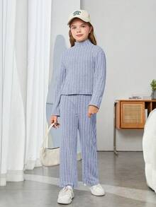 SHEIN 少女鈕釦純色針織立領寬鬆t恤和寬腿褲套裝 - 淺藍色 - 查看 4