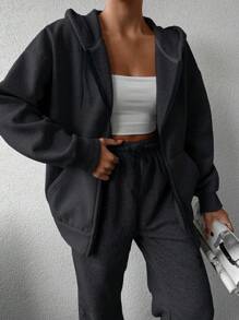 SHEIN Cottnline 女士純色帽衫拉鍊外套 - 深灰色 - 查看 6