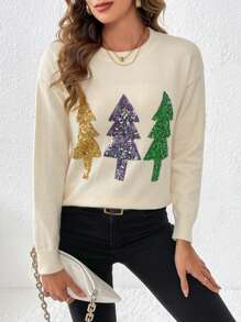 SHEIN LUNE 女款三色閃光聖誕樹設計圓領毛衣 - 杏色 - 查看 4