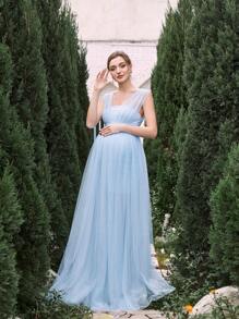Maternity Solid Color Mesh Dress Elegant Gown For Evening Party - Baby Blue - View 1