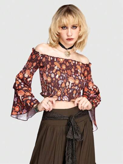 ROMWE Hippie Mushroom And Flower Pattern Blouse With Flare Sleeves, Crop Top