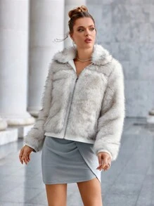 Anewsta Của phụ nữ Khóa kéo-lên Giải trí Lông Áo khoác - Màu be - Xem 5