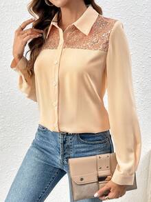 SHEIN Clasi 撞色亮片面板襯衫 - 香檳色 - 查看 3