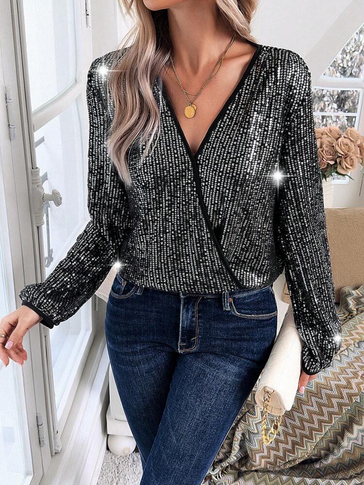 V-Neck Long Sleeve Sparkly Shirt Party Top For Women Fall Cloth For Women