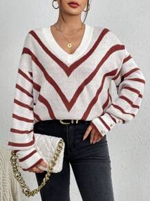 SHEIN LUNE Women's Long Sleeve Oversized V-neck Sweater With Herringbone Pattern - Multicolor - View 3