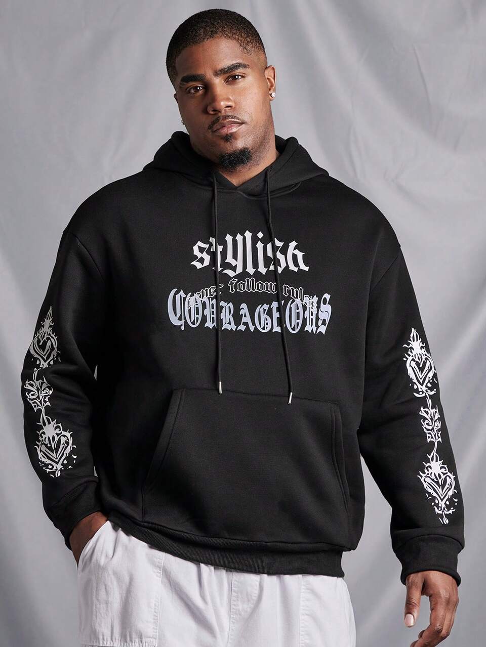 Men Plus Size Letter Print Drawstring Hooded Sweatshirt