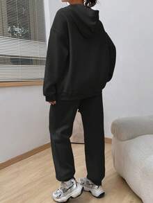 SHEIN Qutie Của phụ nữ Bông tuyết In Hoodie Và Quần Bộ - màu đen - Xem 5