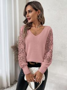 SHEIN Clasi V領長袖毛衣,帶有蕾絲插入 - 粉色 - 查看 5