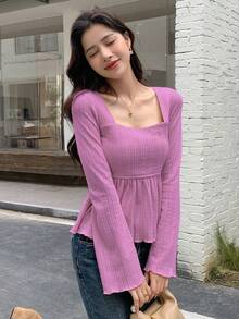 DAZY 純色收腰長袖t卹 - 粉色 - 查看 4