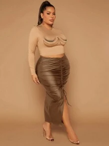 SHEIN SXY 大尺碼女士褶皺高開叉裙 - 棕色 - 查看 3
