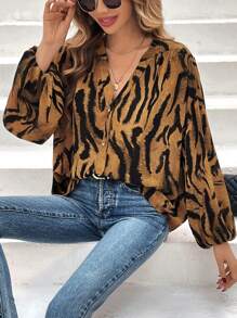 SHEIN Clasi Tiger Striped Print Lantern Sleeve Blouse - Multicolor - View 3