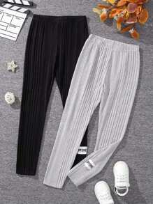 Tween 女孩日常甜酷針織純色高彈緊身褲 2 件/套 - 彩色 - 查看 1