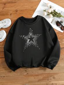 SHEIN EZwear 女士加大码星形印花抓绒卫衣 - 黑色 - 查看 6