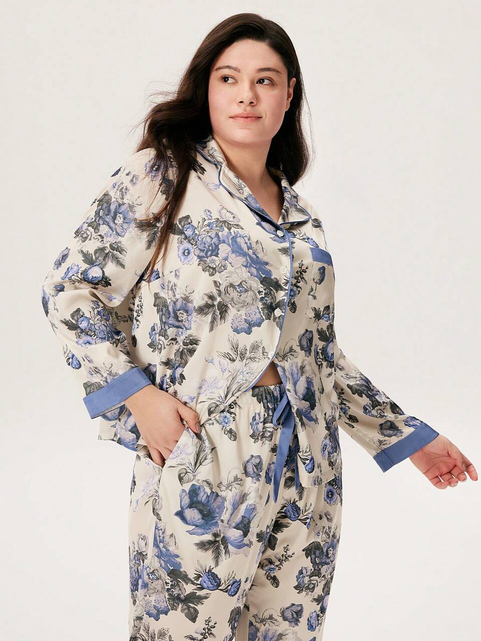 Women Plus Floral Satin Long Women Pajama Set Lounge Set Lingerie