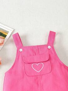 Baby Girls' Heart Embroidered Denim Overalls With Flap Pockets - Hot Pink - View 3