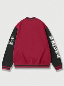 ROMWE MEN Street Life 男士字母圖案條紋飾邊撞色落肩袖學院風夾克 - 彩色 - 查看 2