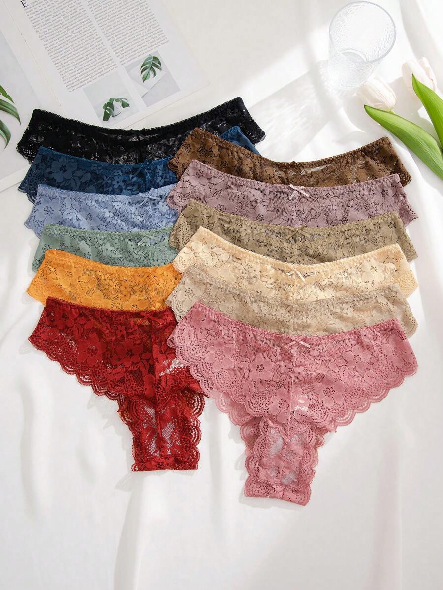 12入組女士實色蕾絲三角褲內衣褲 - 彩色 - 查看 1