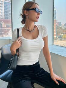 DAZY Vòng cổ Màu thuần Ngắn tay Áo thun Đối với phụ nữ - trắng - Xem 5